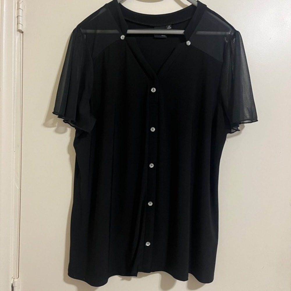 Elie‎ McCarthy Woman Sheer Mesh Sleeve Top 2X Plus Black Dressy Minimalist